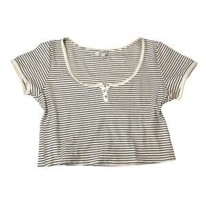 Striped Cropped Baby Tee Henley Women's Size Large White and Black